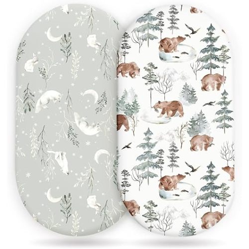 Stretchy Bassinet Mattress Sheets, Ultra Soft Bassinet Sheet 2 Pack, Universal Fitted for Oval Hourglass Rectangular Bassinet Mattress Pad Safe and Snug, Stylish Pattren of Bear and Wolf Print