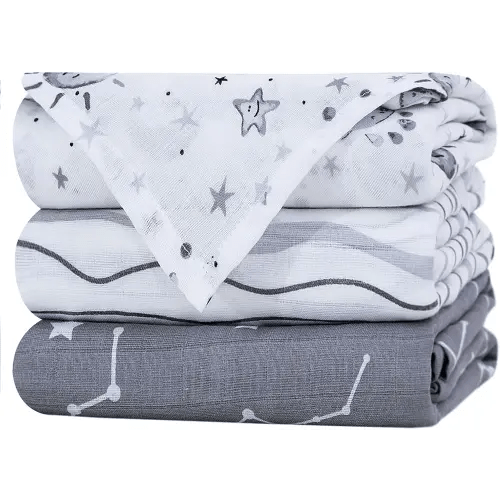 Little Grape Land Muslin Swaddle Blankets 47''x47'' 3 Pack, 100% Cotton Large Size Baby Swaddles for Newborn, Soft Breathable Baby Blankets for Newborns, Stars/Grey