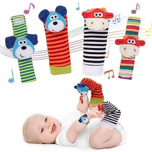 4 Pack Baby Wrist Rattles Rattle Socks Set Baby Socks Animals Development Toys for Toddlers 1-3 Early Learning Toys for Babies Infant Sensory Toys Newbron Gift Set Birth Gifts for Baby