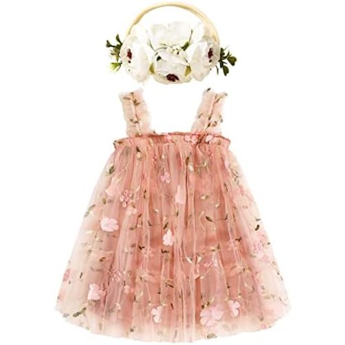 GRNSHTS Toddler Baby Girl Tutu Dress Sleeveless Floral Print Tulle Dress Little Girl Princess Dresses with Flower Headband