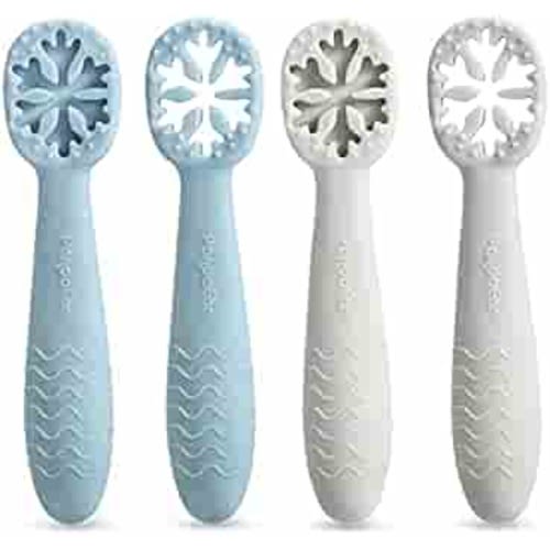 PandaEar Snowflake Design Baby Spoon Set (4 Pack)|BPA Free Stage One Silicone Self Feeding Utensil| Baby Led Weaning|Teething Friendly|Kids Toddlers 6 Months+ (Blue/Grey)