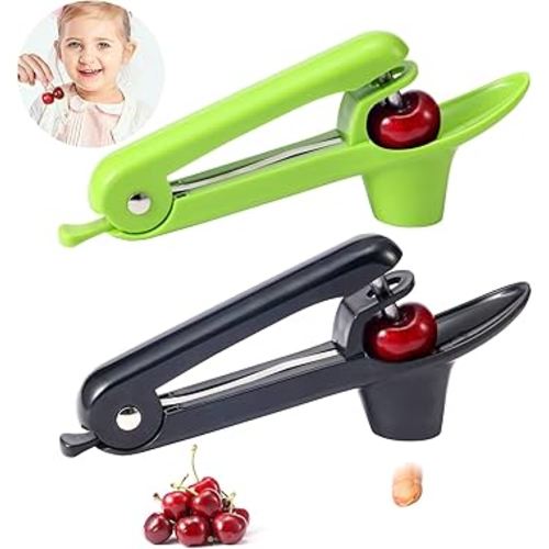 2 Packs Cherry Pitter Tools, Cherry Seed Core Remover Olives Pitter Tool, Stainless Steel Cherries Corer with Space-Saving Lock Design (Black & Green)