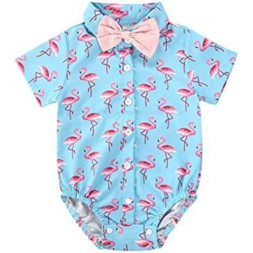 Toddler Baby Boys Flamingo Rompers Bow-Tie Button-Down Bodysuit Casual Clothes