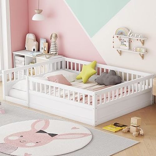 Full Size Montessori Floor Bed, Solid Wood Playhouse Bedframe with Safety High Fence for Kids, Girls, Boys, Bedroom, Playroom, Easy Assembly & No Box Spring Needed, White