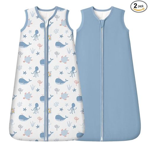 Rayon Made from Bamboo Baby Sleep Sack 6-12 Months, 1.0 Tog Baby Wearable Blanket, Soft Sleeping Bag for Newborn Infant Babies with 2-Way Zipper 2 Pack (Medium) Blue Whale