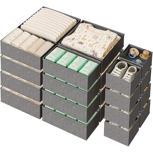 Sturdy Drawer Organizers (24-Pack) - Fabric Dresser Drawer Organizers & Dividers for Nursery Organization, Baby Organizers and Storage for Clothes, Socks & Underwear, Grey