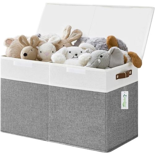 Large Toy Storage Box with Lids, Collapsible Sturdy Baby Storage Organizer Chest Bin Basket for Kids, Boys, Girls, Playroom, Nursery, Bedroom, Closet 25"x13"x16" (Gray and White)
