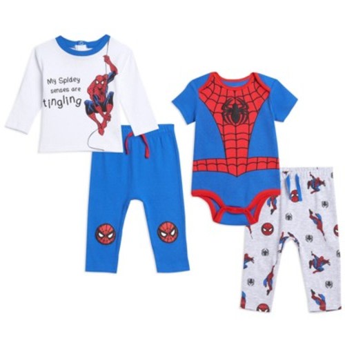 Marvel Avengers Spider-Man Newborn Baby Boys 4 Piece Outfit Set: Bodysuit T-Shirt Pants Spiderman 3-6 Months