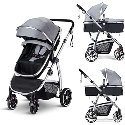 Hagaday Baby Stroller,2-in-1 Reversible Stroller with Bassinet Mode,Foldable Infant Stroller with Canopy,One Button Brake,Adjustable Handle, Newborn Stroller (Gray)
