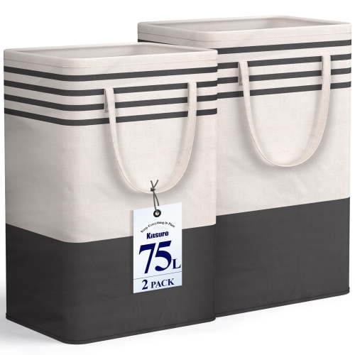 Kitsure Laundry Hamper, Collapsible Laundry Baskets, CLothes Hamper with Handles, 2-Pack, 15.7" x 11.8" x 24", Black