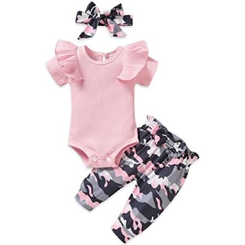 Unutiylo Preemie Newborn Baby Girls Clothes Ribbed Romper Bodysuit Pants Set Ruffle Spring Summer Outfits