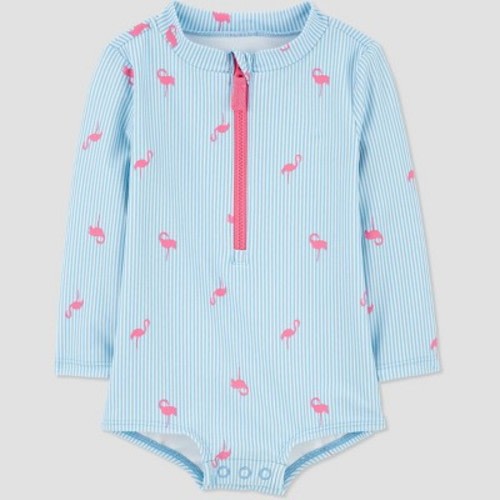 Carter's Just One You®️ Baby Girls' Long Sleeve Striped Flamingo Printed One Piece Swimsuit - Blue, Size: 6M