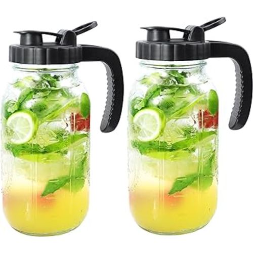 Glass Mason Jars Pitcher 32 Oz Pour Spout Lids & Handle (2 Set) Wide Mouth Airtight Leak Proof Fridge Breast Milk Pitcher With Top Flip Cap 1 Quart Water Jug For Cold Brew Coffee, Iced Tea, Beverage