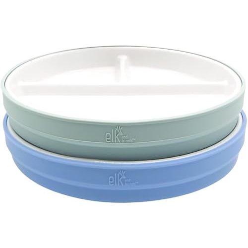 Elk and Friends Kids 6.7” Porcelain White Plates with Silicone Suction Sleeves Sleeves | Divided Plates | Suitable for Babie/Kids/Toddlers | Microwave & Dishwasher Safe | Non Slip | Snack Dishes