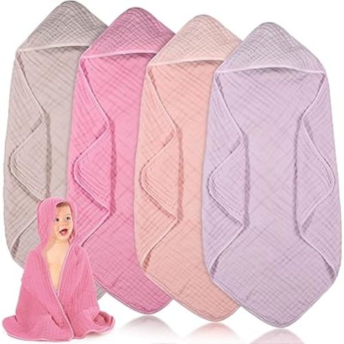 Peryiter 4 Pcs Muslin Hooded Baby Towels,32"x 32" Cotton Newborn Bath Towel Muslin Infant Baby Blankets Absorbent Unisex Newborn Registry Gift for Girls Boys (Pink Series)