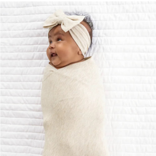 Heather Oatmeal Ribbed Swaddle & Luxe Bow Headband Set - Little Sleepies