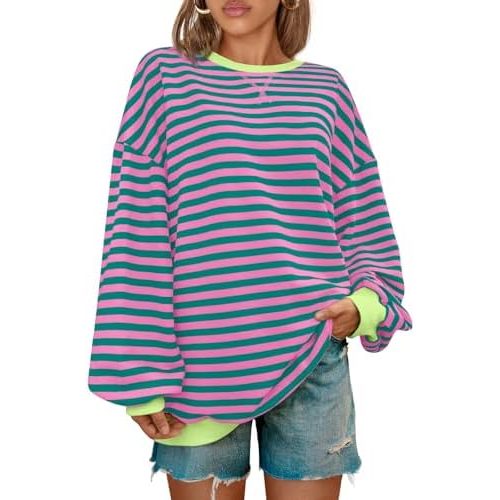 Kissfix Women's Striped Oversized Sweatshirt Long Sleeve Shirts for Women Crewneck Hoodies Casual Pullover Top Y2K Tops