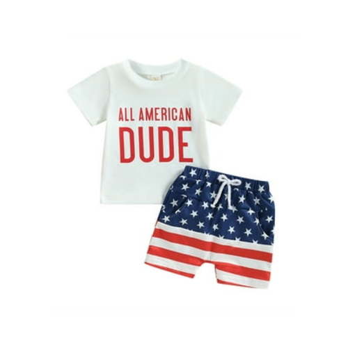 Toddler Baby Boys 4th of July Outfits, 6 12 18 24 Months 2T 3T Short Sleeve Letter Print T-Shirts + Knot Front Shorts Clothes Set