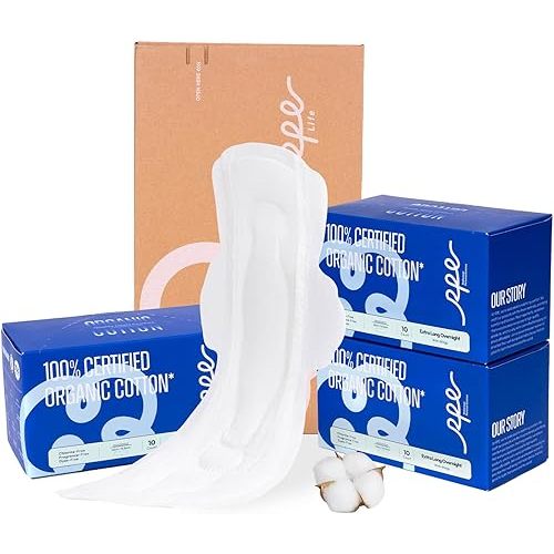 100% Organic Super Long Overnight Pads with Wings, Extra Heavy Sanitary Pad for Women Ultimate Absorbency, Ultra Thin Extra Coverage Cotton Period Menstrual Pads (Extra Long Overnight, Size 6, 30ct)