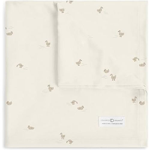 Colored Organics Kendi Baby Organic Cotton Swaddle - Infant Receiving Blanket - Ducks/Oat + Chai