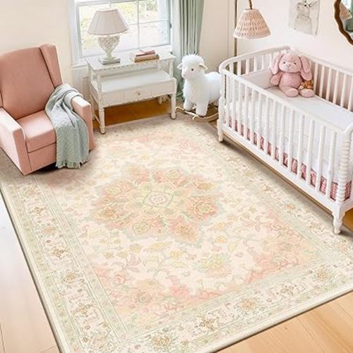 Machine Washable Rugs Nursery Rug 5x7 Cute Girl Non Slip Low Pile Water Repellent Soft Print Pattern for Bedroom Indoor Decor Kids Playroom Pinkgreen