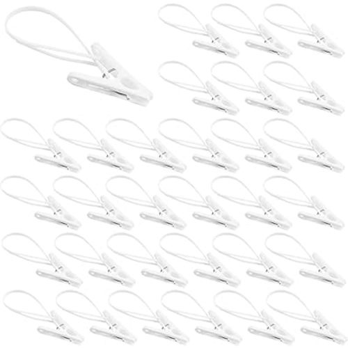 60 Pcs White Plastic Clothesline Clips with Rope, Strong Grip Laundry Hanging Hooks for Drying Apparel, Multi-Purpose Hanger Pegs for Clothes, Socks, Photos, Bathroom, Kitchen Organization