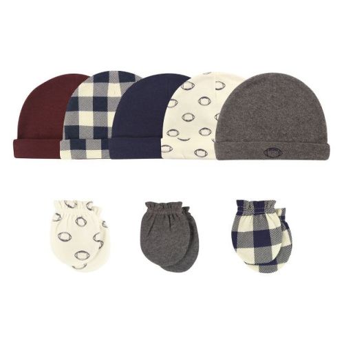 Hudson Baby Infant Boys Cotton Cap and Scratch Mitten 8pc Set, Football, 0-6 Months