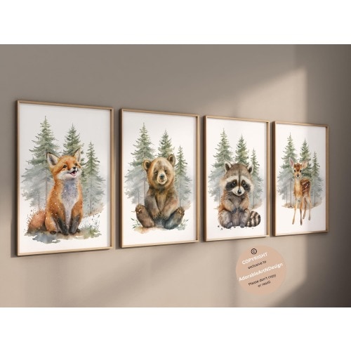 Woodland Nursery Wall Art Gift, Woodland Animal Prints, Boy Nursery Wall Art, Forest Animal Nursery Decor, Watercolor Bear Deer Fox Prints