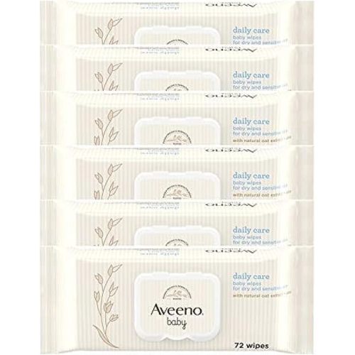 AVEENO Baby Daily Care Wipes - Cleanse Gently and Efficiently - Baby Wipes - Baby Essentials - 72 Wipes, Lid On Each Pack, Pack of 6 (432 Wipes in Total)