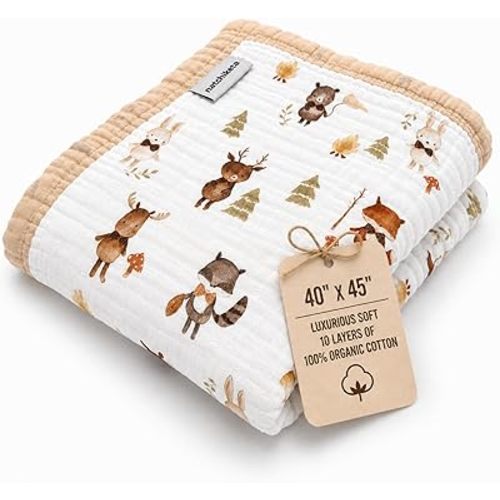 Organic Cotton Muslin Baby Blanket for Boys and Girls - Luxurious Soft Toddler Quilt for Swaddling - Gender Neutral Blanket - Baby and Toddler Gift - Forest Friends