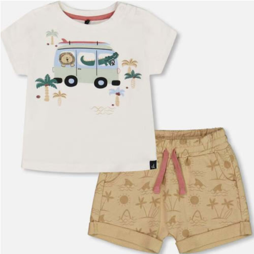 Short Sleeve Top And French Terry Short Set, Beige With Palm Trees And Blue Truck - Deux par Deux | Maisonette