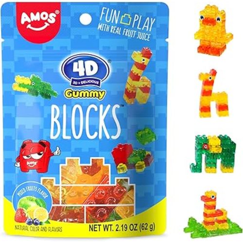 AMOS 4D Gummy Blocks Candy Bricks, Edible Building Blocks, Themed Novelty Candy for Kids Birthday Party, Cupcake Topper, Resealable 2.19oz Bag (Pack of 3)