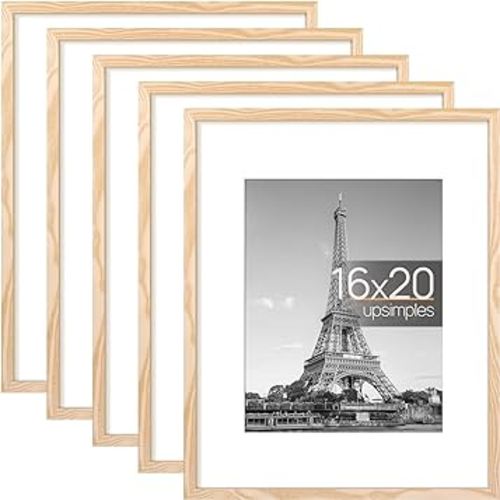 upsimples 16x20 Picture Frame Set of 5, Display Pictures 11x14 with Mat or 16x20 Without Mat, Wall Gallery Poster Frames, Natural