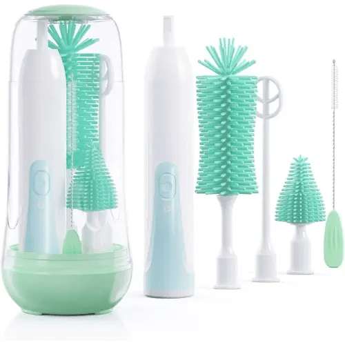 Festiva Electric Bottle Brush Cleaner - Baby Bottle Brush Set with Bottle Brush, Mixing Head, Nipple & Straw Brush, Baby Travel Essential, (Green)