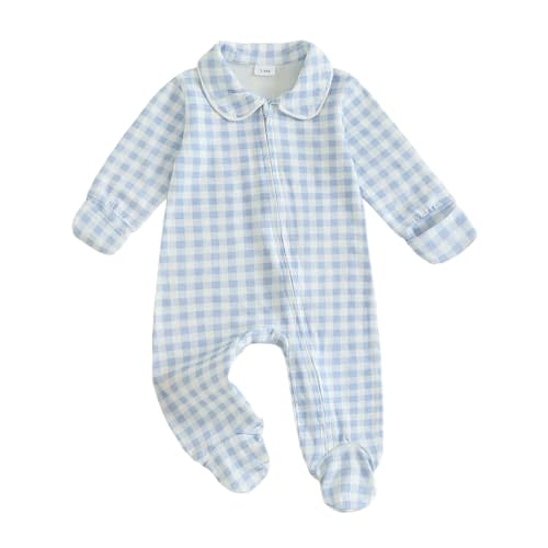 Newborn Baby Boy Girl Gingham Footed Romper Plaid Print Peter Pan Collar Long Sleeve Jumpsuit Coming Home Outfit