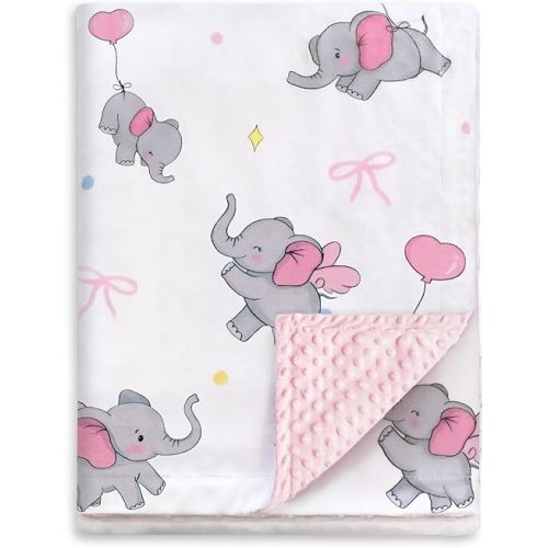 HOMRITAR Super Soft Baby Blanket for Girls, Elephant Print Minky Receiving Blanket for Newborn Nursery, Double Layer Dotted Backing Cozy Bed Throw, Pink, 30x40 Inch