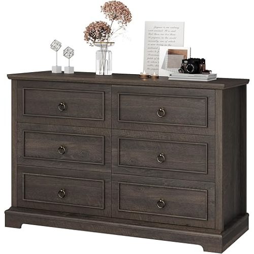 HOSTACK 6 Drawer Dresser for Bedroom, Modern Farmhouse Chest of Drawers for Bedroom, 47.2" Wide Wooden Double Dresser, Dark Wood Storage Cabinet for Living Room, Entryway, Hallway, Dark Brown