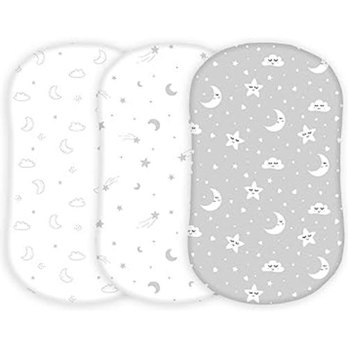 TansyPanda Bassinet Sheets for Halo Bassinest Swivel, Flex, Glide, Premiere and Luxe Series Sleeper, Pack of 3, 33 X 17 Inch, Ultra Soft, Snug Fit, Unisex Boys Girls, Gray White (Moon, Stars, Clouds)
