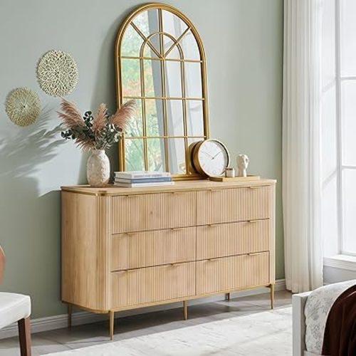 OKD Mid-Century Modern 6-Drawer Dresser with Fluted, 54" Wide Chest of Drawers with Gold Accents, Dresser TV Stand, Wood Drawer Organizer for Bedroom, Living Room (Natural Oak)