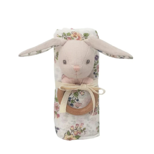 Floral Muslin and Bunny Wood Rattle Gift Set