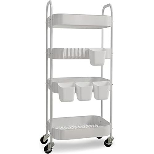 4-Tier Metal Rolling Cart with Wheels, Storage Utility Organizer Cart for Kitchen, Bathroom, Office, Baby Essentials & Makeup - Lockable Casters, Easy Assembly, Large Capacity, White