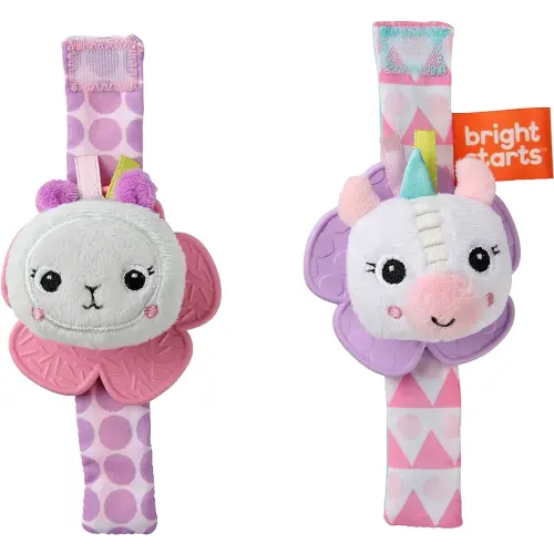 Bright Starts Rattle & Teethe Wrist Pals Toy, Unicorn & Llama, Newborn+, 2 Count