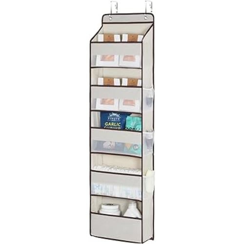 Univivi 1 Pack Over The Door Organizer, Non-Tilting Over The Door Organizer Hanging Door Storage With 5 Large Compartments 6 Side Pockets for Nursery Storage (Beige)