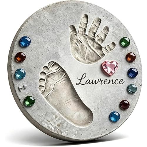 Handprint Stepping Stone DIY Kit - Reusable 11.8 Inch Round Concrete Molds+ Steel Carving Sticks+ Mosaics & Crystal Heart for Hand/Foot Print, Footprint Craft Witness of Special Time/None Cement