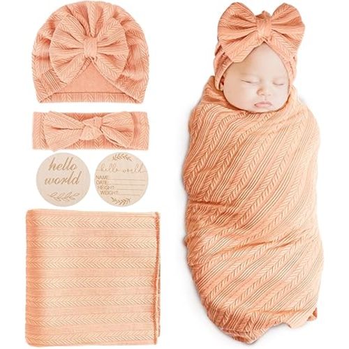 BQUBO Baby Swaddle Blankets for Girls, 4PCS Newborn Accessories Set with Hat and Bow Headband with Hello World Wooden Birth Announcement Card, Baby Blankets for Girls