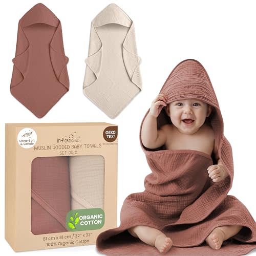 Organic Cotton Muslin Baby Hooded Towels - 32x32 Inch, 2 Pack Newborn Bath Towels for Boys & Girls, Soft & Absorbent Bath Set (Rust/Ivory)