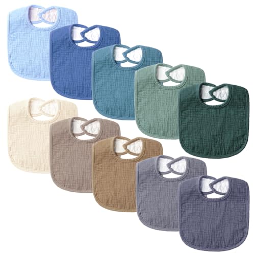 POIKSHARK Set of 10 Muslin Baby Bibs for Unisex Boys and Girls, 10 Solid Colors Set for Drooling and Teething