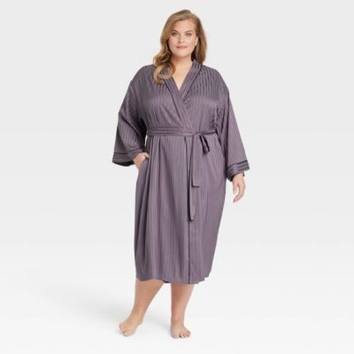 Women's Luxury Collection Shadow Striped Long Satin Robe - Auden™ Deep Purple 3X/4X: Relaxed Fit, Three Quarter Sleeve