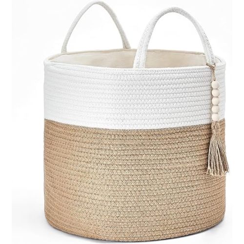 Mkono Woven Storage Basket Decorative Natural Rope Basket Wooden Bead Decoration for Blankets,Toys,Clothes,Shoes,Plant Organizer Bin with Handles Living Room Home, 16" Wx13.8 L, Cream White and Brown