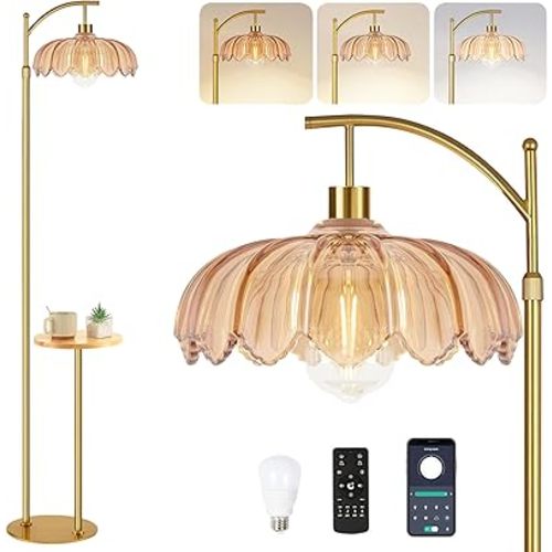 Gold Floor Lamp with Table and Shelves for Living Room Bedroom,Glass Standing Lamp with Remote Dimmable,Boho Brass Tall Lamp Vintage Farmhouse Arc Flower Floor Light Bohemian